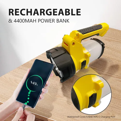 Vista 3 de Foco recargable 3 en 1, 6 modos de linterna LED de mano recargable, luz de campamento de energía portátil, IP65 impermeable adecuada para senderismo
