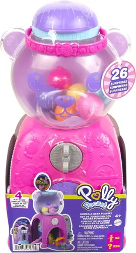Vista 6 de Polly Pocket Juguete de viaje, juego de oso de chicles con 2 micro muñecas y 26 accesorios sorpresa, juguete de animal compacto