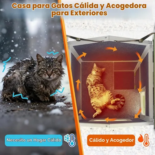 Vista 2 de Casa cálida aislada para gatos de 2 pisos, refugio resistente a la intemperie para gatos con 2 plataformas, capas térmicas, 2 puertas de escape