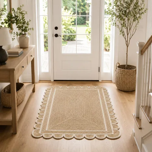 Vista 18 de Alfombra festoneada de yute natural, base natural con ribete blanco hueso, alfombra bohemia de granja hecha a mano con respaldo antideslizante