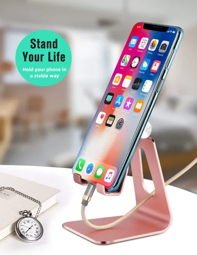 Vista 2 de Soporte ajustable para teléfono celular, soporte para tableta, escritorio de aluminio compatible con iPhone 12, iPad, Samsung Galaxy, Google todos