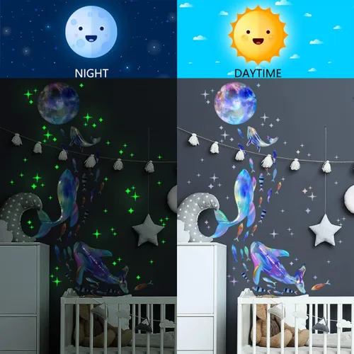 Vista 5 de Calcomanías de pared que brillan en la oscuridad del océano deslumbrante ballena, pez estrella, decoración de la habitación del bebé, decoración