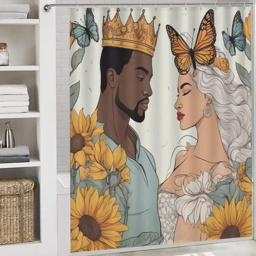 Vista 2 de 4Pcs Shower Curtain Sets Afro Black King Queen Romantic Love Butterfly Bathroom Decor Sets with Rugs Bathroom Accessories Set Bathroom Curtain