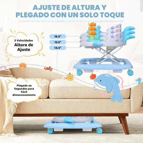 Vista 4 de Andador de bebé con ruedas, música y luces plegable Baby Walker Azul