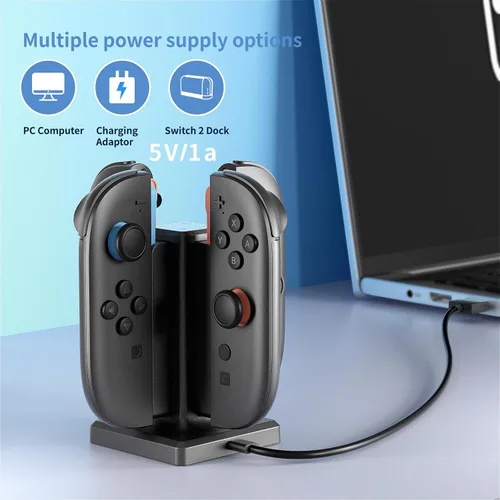 Vista 4 de HEYSTOP Base de carga compatible con Nintendo Switch 2 Joy-Con, estación de acoplamiento de cargador magnético Joycon de 4 puertos, indicador LED