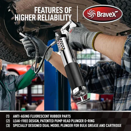 Vista 4 de Bravex - Pistola engrasadora profesional resistente con agarre de pistola, 6000 PSI - Manguera flexible de 457 mm