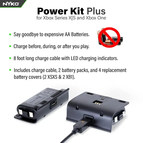 Vista 4 de Nyko Xbox Power Kit Plus for Xbox Series XSOne - Rechargeable Battery Kit with 2 Batteries, Black Covers, 8-Foot Micro-USB Charge Cable - Ultimate