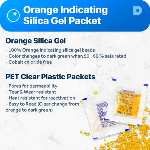 Vista 2 de Paquetes de gel de sílice de 0.04 oz [50 paquetes] Indicador naranja prémium (naranja a verde oscuro) Paquetes de gel de sílice desecante – Paquetes