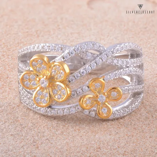 Vista 5 de SILVERCLOSEOUT Anillo de plata de ley con diamantes de imitación en dos tonos (talla 5-9)