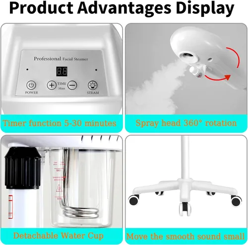 Vista 4 de Vaporizador facial profesional, vaporizador facial de ozono spa sobre ruedas, altura y ángulo ajustables, vaporizador de esteticistas más vapor