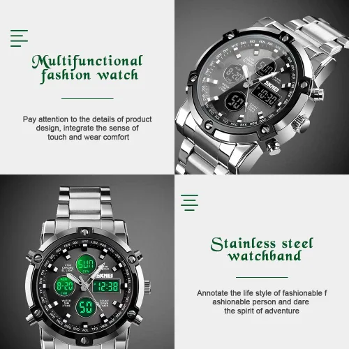 Vista 3 de SKMEI Mens Wrist Watch, Waterproof Military Analog Digital Watches with LED Multi Time Chronograph, Stainless Steel Business Watches for Men