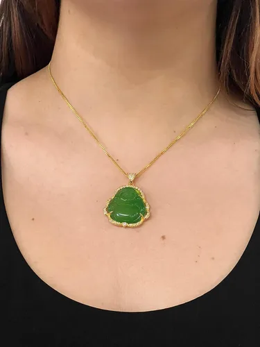Vista 2 de Collar de Buda verde sonriente de plata, 20 pulgadas, collar de cristal verde, collares de Buda de oro para mujer, collar de Buda riendo colgante