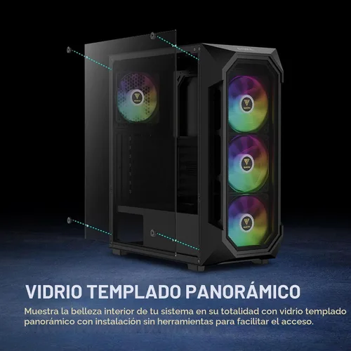 Vista 6 de GAMDIAS ATX Torre Media Gaming PC Case Vidrio Templado, Ventiladores ARGB Integrados de 120mm x 4, Malla de Flujo de Aire Frontal, Hasta 6
