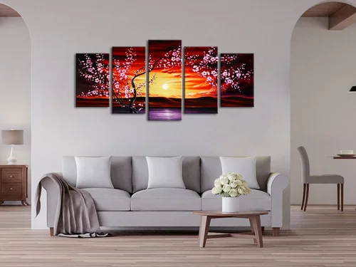 Vista 3 de Wieco Art 5 piezas de lienzo con diseño de flor de ciruelo, arte de pared, cuadros florales abstractos, pinturas decorativas para decoración