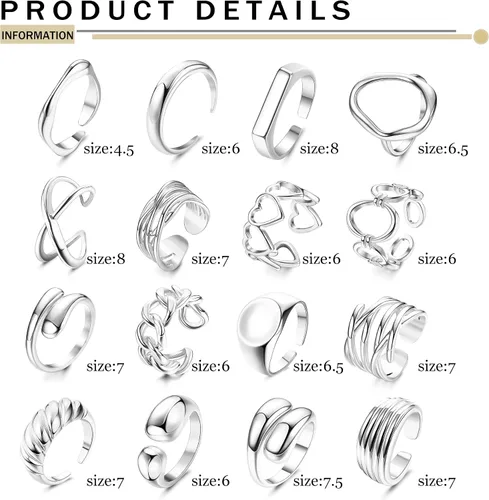 Vista 8 de HAIAISO Juego de 16 anillos gruesos chapados en oro de 18 quilates para mujer, chapados en oro de 18 quilates, trenzados, redondos, ajustables