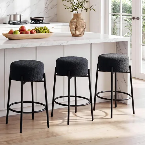 Vista 14 de Juego de 2 taburetes de bar modernos de altura de mostrador, taburetes de bar giratorios negros Boucle para isla de cocina, cómodas sillas tapizadas