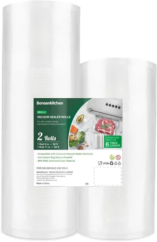 Vista 11 de Bonsenkitchen Bolsas Selladoras al Vacío, Rollos de 8" x 50' Paquete de 2 para Almacenamiento de Alimentos, Sin BPA, Resistente, Rollo de Alimentos