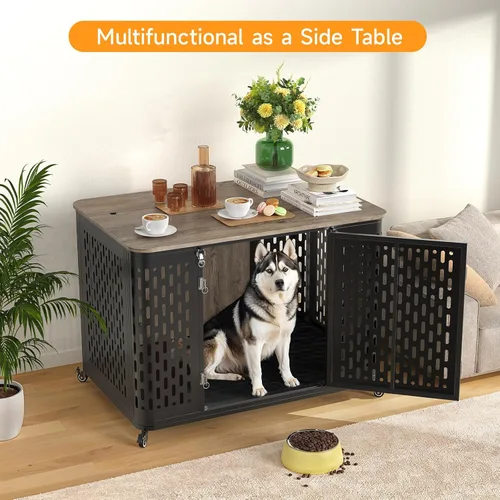 Vista 5 de ONBRILL Mueble resistente para perros grandes y medianos, jaula grande para perros con tapa abatible, cojín y ruedas, jaula para mascotas a prueba