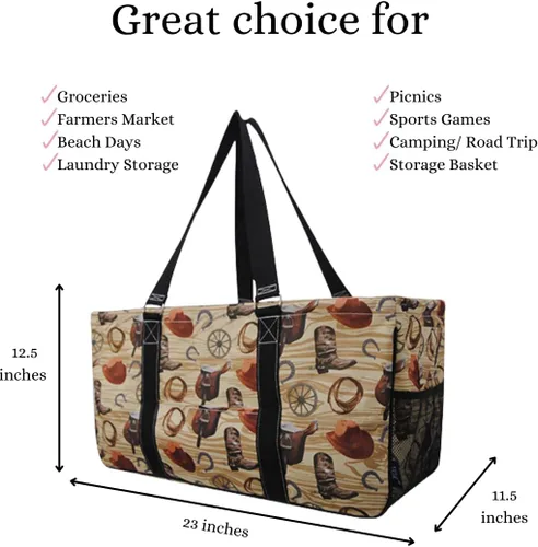 Vista 265 de NGIL Bolsa de comestibles reutilizable extra grande plegable de gran tamaño para comestibles, almacenamiento, picnic, playa, Bronco-negro occidental