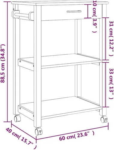 Vista 9 de Solid Wood Pine Kitchen Trolley with Drawer 23.6x15.7x34.8 Inches 4 Wheels With 2 Lockable, Side Hanger And Metal Hooks, 2 Open Shelves, For Kitchen