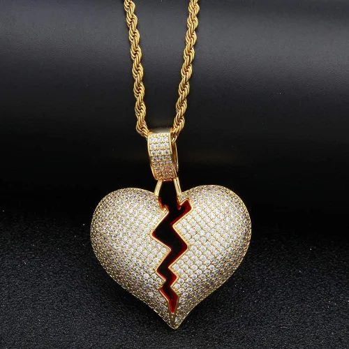 Vista 3 de putouzip Cadenas de corazón roto para hombre, chapado en oro de 18 quilates, collar de cadena de eslabones con colgante