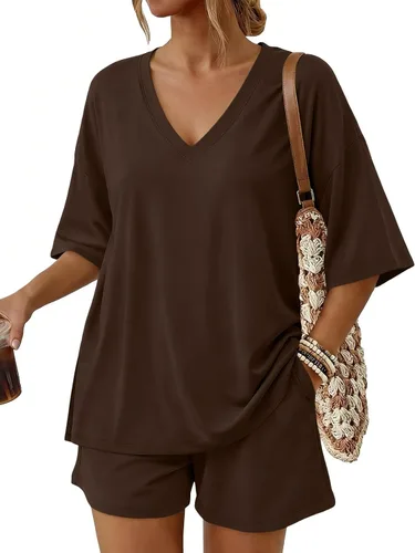 Vista 11 de Trendy Queen Conjunto corto de 2 piezas para mujer, conjuntos de descanso de verano 2026 rosa gris pardo