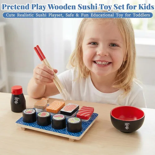 Vista 5 de Juego de comida para cortar sushi, juguetes de cocina de madera para niños de 3 años en adelante, juguete de aprendizaje de sushi para niñas y niños