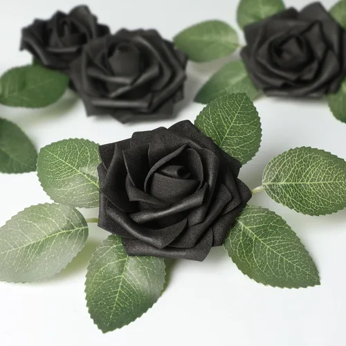 Vista 2 de Mocoosy - 50 rosas artificiales, rosas artificiales para decoración de Halloween, rosas de espuma de tacto real a granel con tallo gótico, ramo