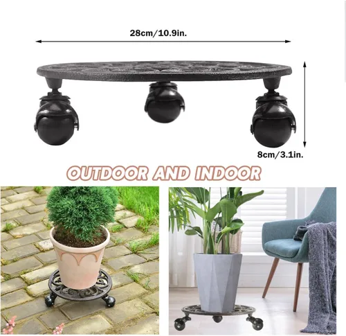 Vista 3 de Sungmor Carrito para Plantas de Hierro Fundido Resistente, Soporte Redondo para Macetas de 11 pulgadas sobre 3 Ruedas Sólidas, Soporte para Macetas