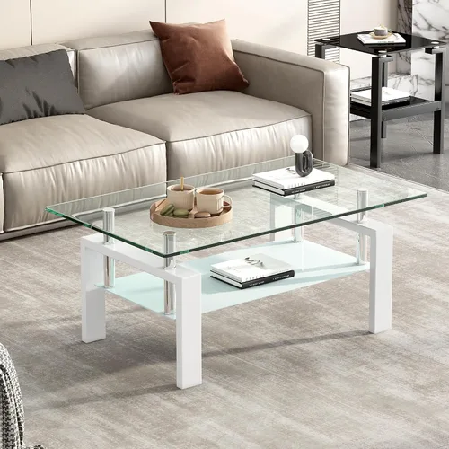 Vista 11 de Moderna mesa de centro de cristal templado negro, 39.4 pulgadas de ancho x 23.6 pulgadas de profundidad x 17.7 pulgadas de alto, mesa auxiliar