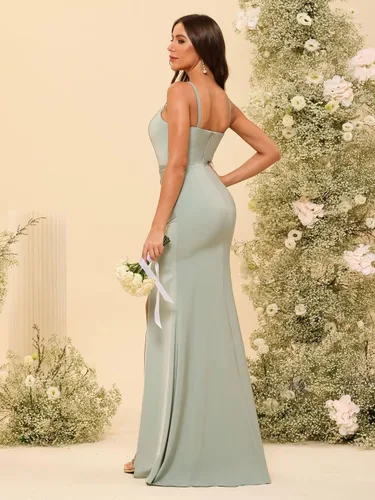 Vista 4 de TIRAS Vestido de dama de honor de sirena de satén para mujer, tirantes delgados, vestido de fiesta de graduación con abertura CM257