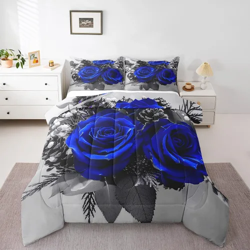 Vista 23 de Juego de edredón de rosas rojas, tamaño individual, juego de ropa de cama floral rojo degradado negro para niñas, mujeres, niños, adolescentes