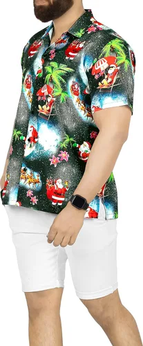 Vista 3 de HAPPY BAY Camisa de vestir de manga corta para hombre, diseño de Papá Noel, para fiesta de Navidad, camisas hawaianas para hombres