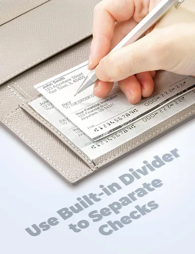 Vista 74 de Yarnic Funda para chequera personal, soporte para chequera con soporte para bolígrafo y divisor de plástico transparente integrado para cheques Rosa