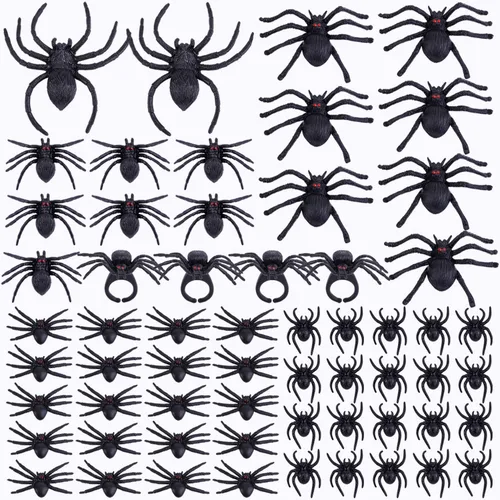 Vista 3 de JIALWEN 60 arañas de plástico realistas, juguetes de araña falsa negra y anillos de araña, juguetes de araña, accesorios de broma de Halloween