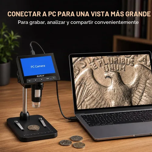 Vista 6 de Elikliv Microscopio para monedas, microscopio digital LCD de 4.3 pulgadas, 1000x, lupa de monedas con 8 luces LED ajustables, vista de PC compatible