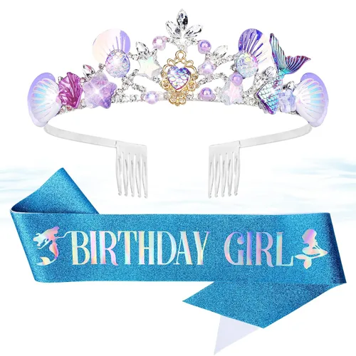 Vista 12 de CIEHER Corona de sirena, banda de cumpleaños, diadema de conchas para niñas, decoración de fiesta de sirena