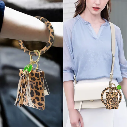 Vista 6 de Llavero-brazalete, brazalete de cuero con borla para mujer, Leopardo., S