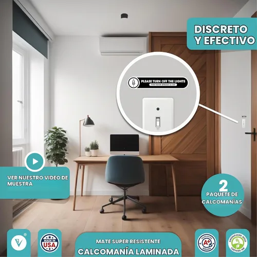 Vista 2 de Calcomanías bilingües para apagar las luces, paquete de 2 calcomanías de luz, vinilo mate permanente, inglés y español (pequeño)