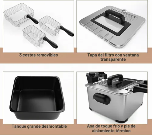 Vista 6 de Freidoras profundas con 3 cestas – Simoe - Freidora eléctrica grande de 5.3 cuartos de galón / 21 tazas, freidora de aceite profundo de acero