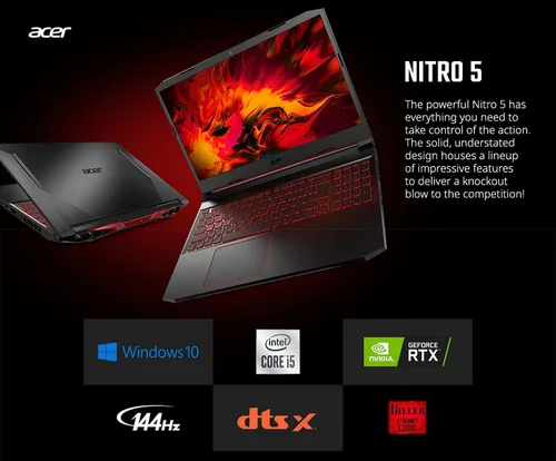 Vista 9 de Acer Nitro 5, Intel Core i5-10300H, NVIDIA GeForce RTX 3050, pantalla Full HD IPS de 144 Hz de 15.6 pulgadas, Killer Ethernet E2600, WiFi 6, DTS X®