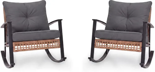 Vista 10 de LAUSAINT HOME Mecedora de mimbre para exteriores, silla de patio de gran tamaño, cómoda silla mecedora con cojín grueso, silla moderna y acogedora