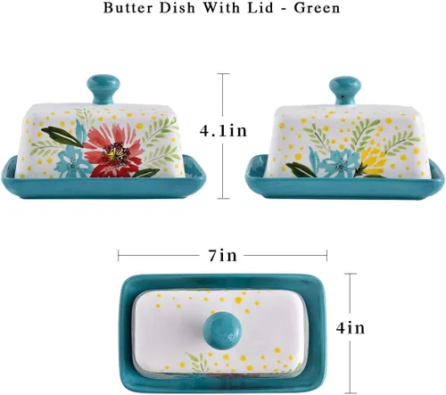 Vista 8 de Wisenvoy Mantequillera de cerámica con tapa con tapa para mantequilla con tapa para encimera de mantequilla de flores