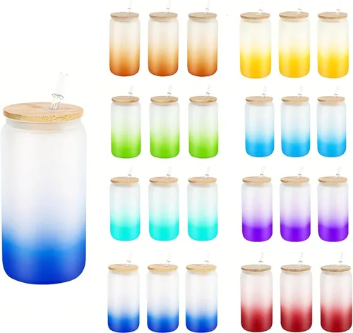 Vista 10 de AGH - Paquete de 12 latas de vidrio de sublimación transparentes de 16 onzas con tapas y popotes de bambú, tarro de vidrio helado de masón, vaso