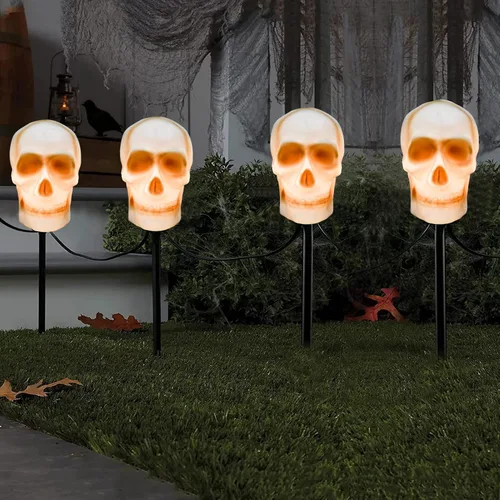 Vista 9 de Luces de estaca C7 de Halloween con calavera, 7 pies, cadena de luces de camino de Halloween con 4 bombillas C7, estaca, decoraciones de Halloween