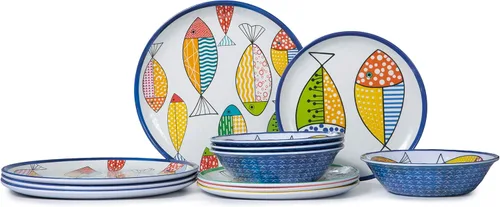 Vista 8 de Juego de vajilla de melamina para 4, 12 platos de pescado y Pez azul