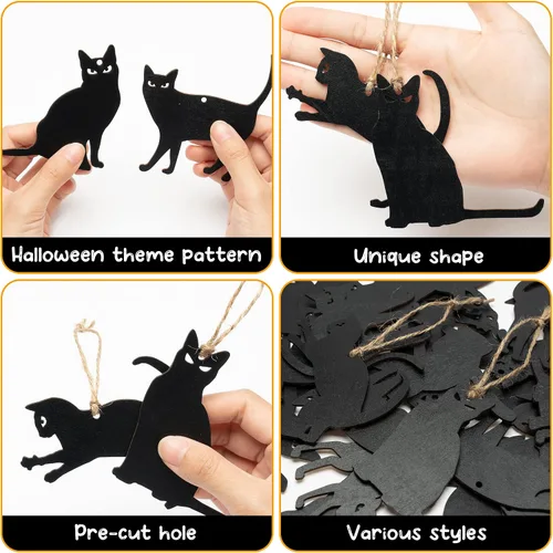 Vista 3 de WATINC 31 piezas de silueta de gato negro de Halloween, adornos colgantes de madera, decoraciones de Halloween, fiesta mexicana, festival, fiesta