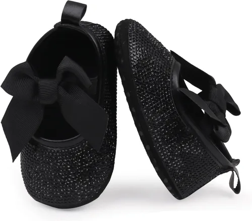 Vista 2 de Zapatos planos Mary Jane para bebés y niñas, con lazo brillante y diamantes de princesa, zapatos antideslizantes para cuna