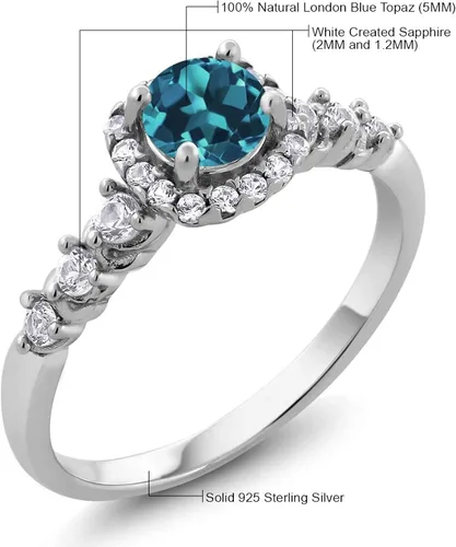 Vista 4 de Gem Stone King Anillo de compromiso redondo de plata de ley 925 con topacio azul londinense y zafiro blanco creado para mujer