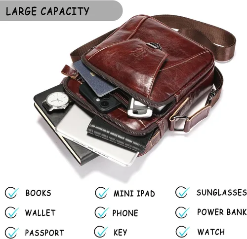 Vista 4 de Bolso bandolera de cuero para hombre, estilo vintage, bolso de hombro, bolso cruzado, bolso de viaje, mochila casual, Café